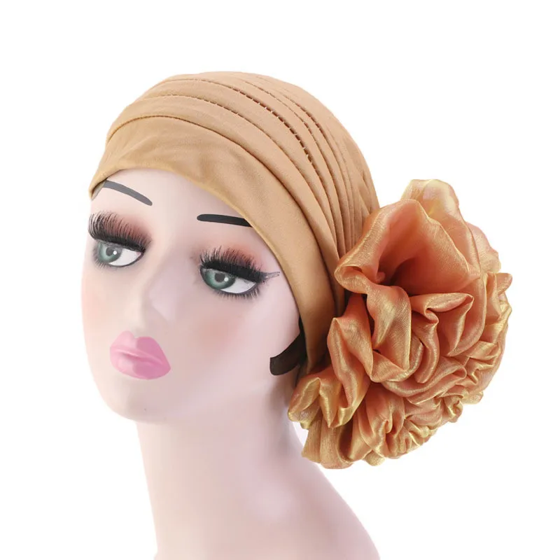 

Muslim Women Solid Big Flower Ruffle Turban Hat Headwrap Cancer Chemo Beanie Hijab Caps Headwear Hair Loss Cover Accessories