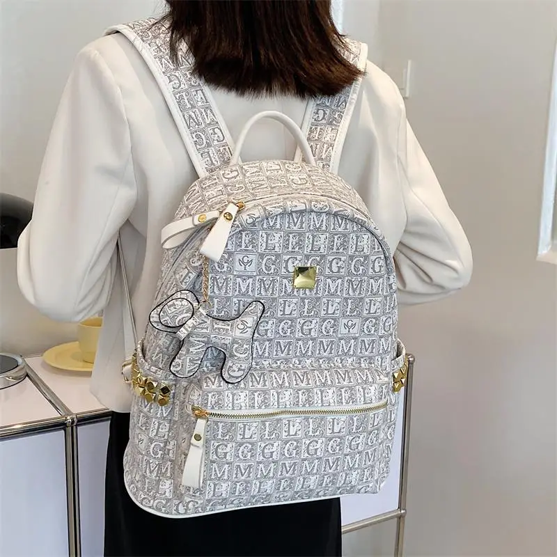 Elegant Women Backpack Purse Korean Summer Waterproof Fashion Brown PU Leather Large Capacity Plaid Letter With Rivets Gray Bag