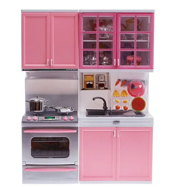 

Simulation Pink Kitchen Cabinets Set High-grade Children Pretend Play Cooking Pans Pots Food Tools Girls Tableware Suits Toys