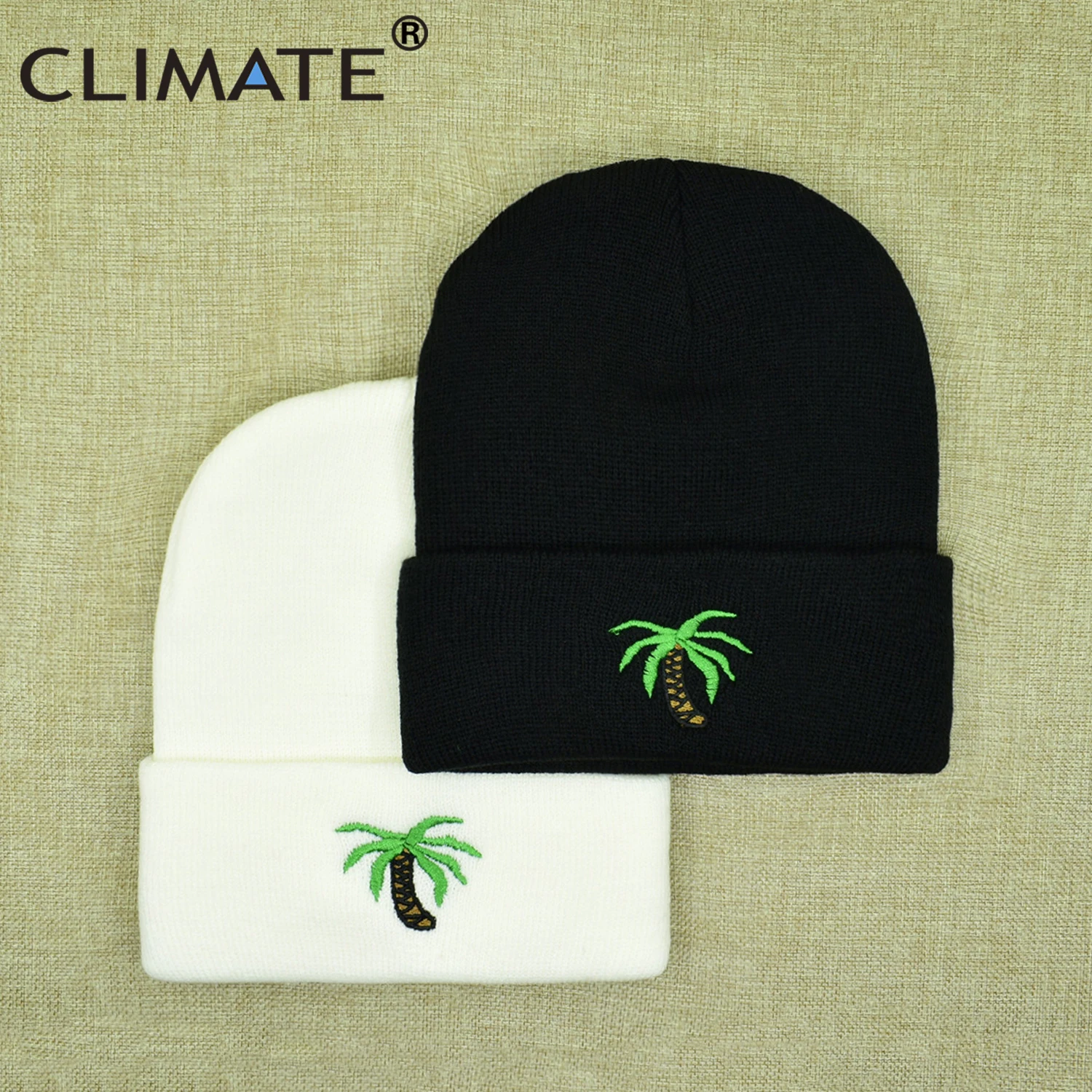 CLIMATE Coconut Tree Beanie Men Women Winter Hat Beanies Warm Black Hat Beach Seaside Cool Knitted Beanie Hat for Men Women