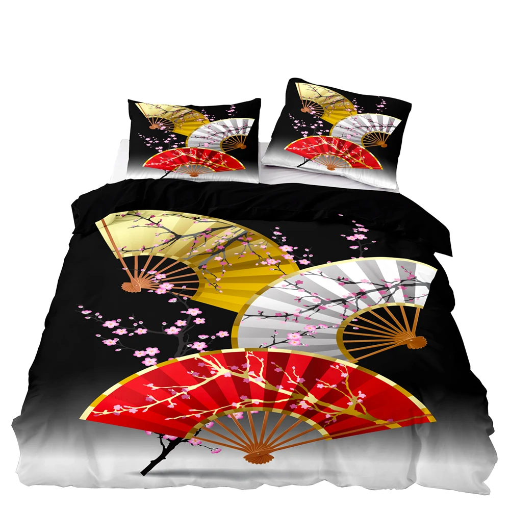 Japanese Style Duvet Cover 245x210 Pillowcase 3Pcs，150x200 Quilt Cover,Big Blanket Cover ,Cherry Blossom Fan Pattern Bedding Set