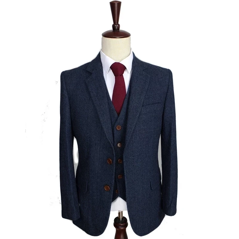 Men‘s Suits 3 Pieces Green Wool Tweed Herringbone Business Retro Classic PatternTuxedos For Wedding Blazer Pants Vest