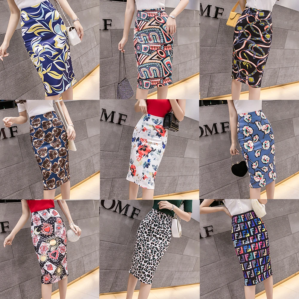 Floral Bodycon Pencil Skirt Women Summer Korean Fashion Office Elegant Skirt Ladies Vintage Retro High Waist Midi Skirt Femme