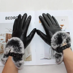 Frauen mode kaninchen pelz taste schaffell handschuhe leder neue stil samt futter kurz schwarz winter handschuhe