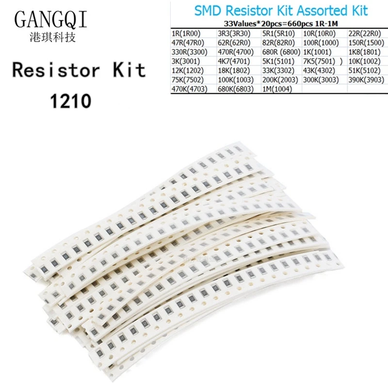 

1210 SMD Resistor Kit Assorted Kit 1ohm-1M ohm 5% 33valuesX 20pcs=660Pcs DIY Kit
