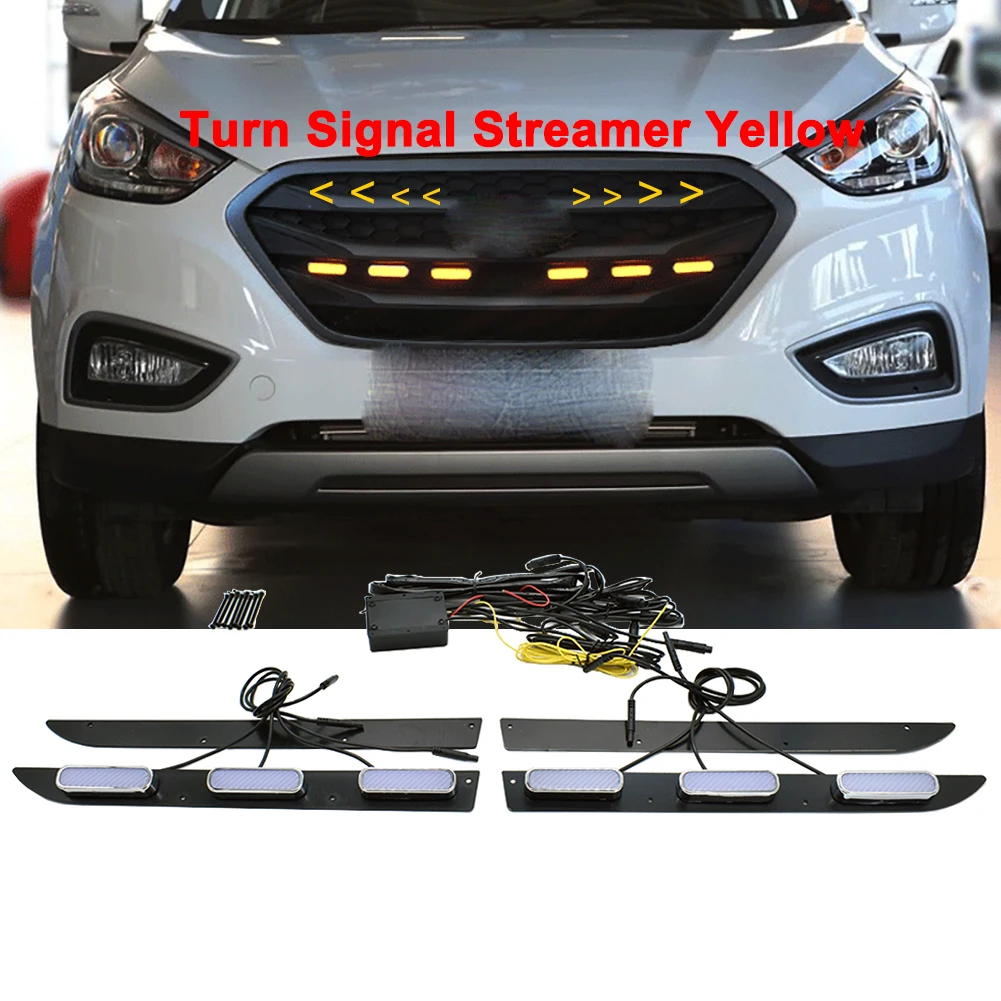 2 Pieces Car Front Grille Lighting Led Yellow Lights Mid-Net Turn Signal Flowing Yellow Indicator DRL for Hyundai ix35 2013~2015