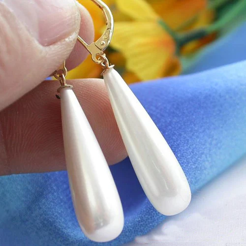 

New Arrival Favorite Pearl Jewelry Huge 30mm Drip White Color South Sea Shell Pearl Dangle Earring 14/20 Gold Charming Lady Gift