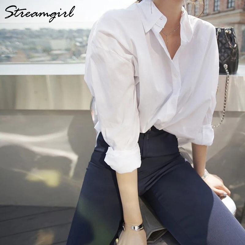 Streamgirl Loose White Shirt Women Spring Autumn Casual Loose White Blouse For Women Cotton Boyfriend Shirts Long Sleeve Tops