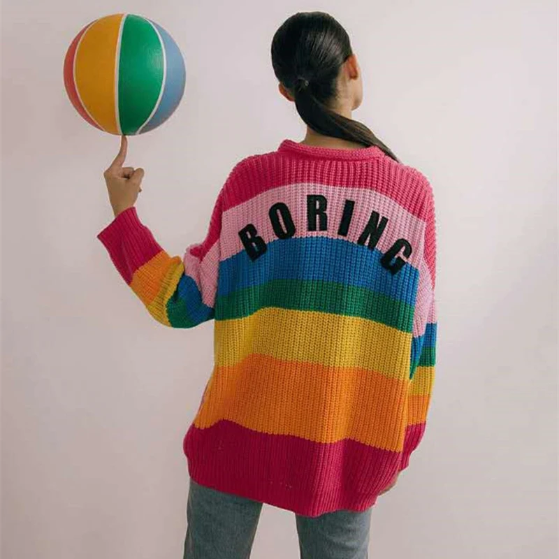 BORING Letters Rainbow Multicolor Striped Loose Kimono Cardigan Women Fall Winter Knitted Cardigan Sweet Long Sweater C111