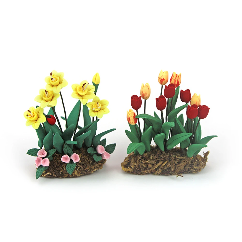 1/12 Dollhouse Miniature Accessories Mini Tulip Daffodils Morning Glory Simulation Garden Flower Model Toys for Doll House Decor