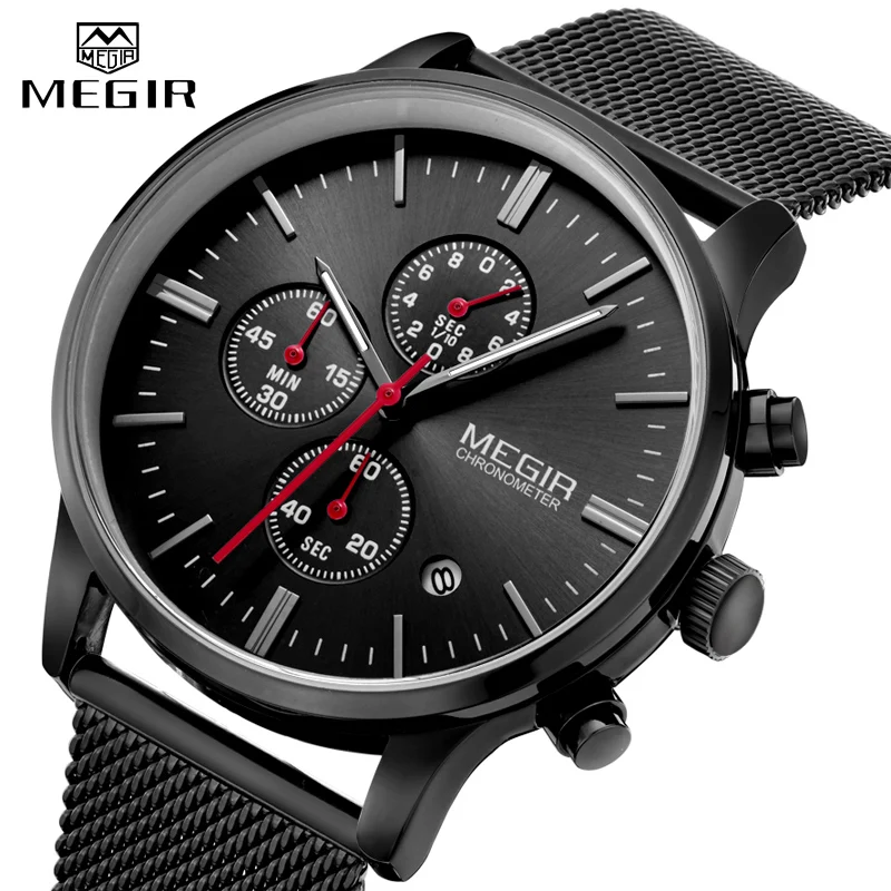 

MEGIR Mens Watches Stopwatch Date Slim Quartz Watch Men Stainless Steel Mesh Band Chronograph Waterproof Wrist Watch Male Clock