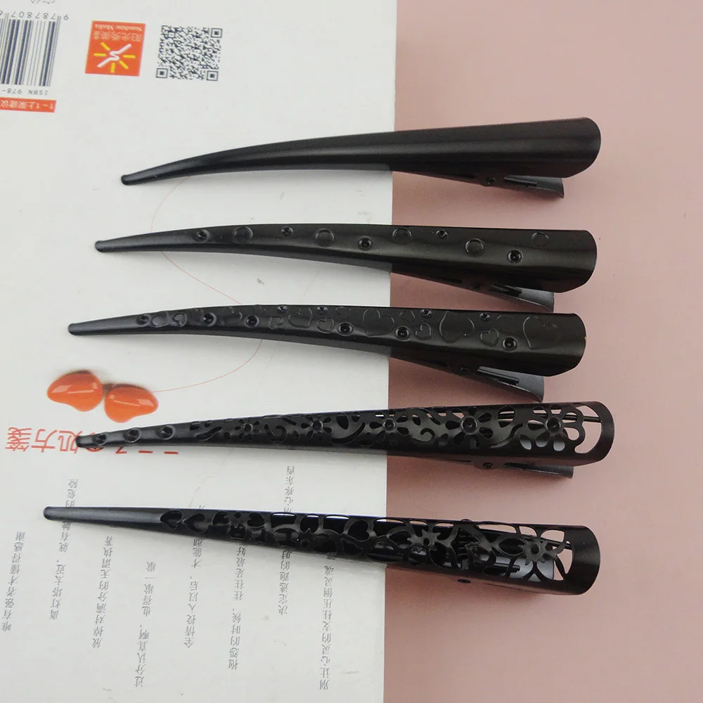 Clips de pico de metal liso negro de 13,0 cm para mujer, pinza de pelo grande con flor de filigrana, horquillas de corazón para salón de peluquería