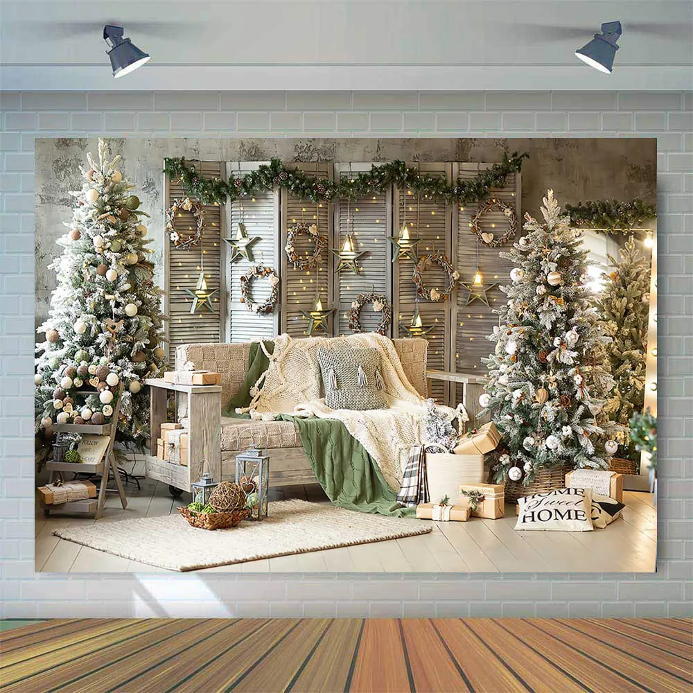 Merry Christmas Backdrop for Photography Living Room X-mas Tree Photo Background Gift Star and Wreath Holiday Party Decoration