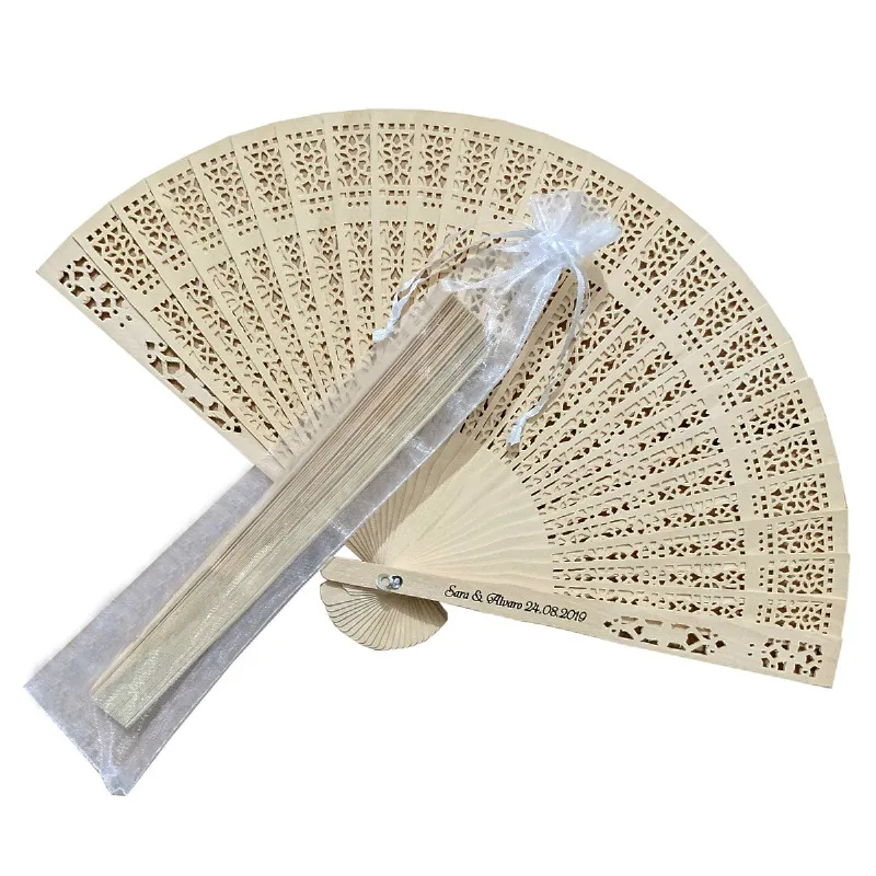 

50 PCS Wood Folding Hand Fan Chinese Wooden Crafts Customized Wedding Names and Date Party Gift Favors Home Decorations