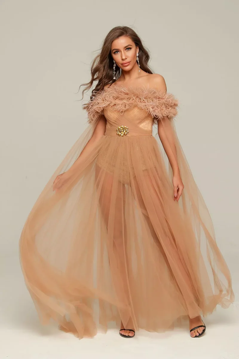 Champagne Illusion Prom Jurk Voor Fotografie Schieten Veer Off Shoulder A-lijn Avondjurk Floor Lengte Вечерние Платья Платье