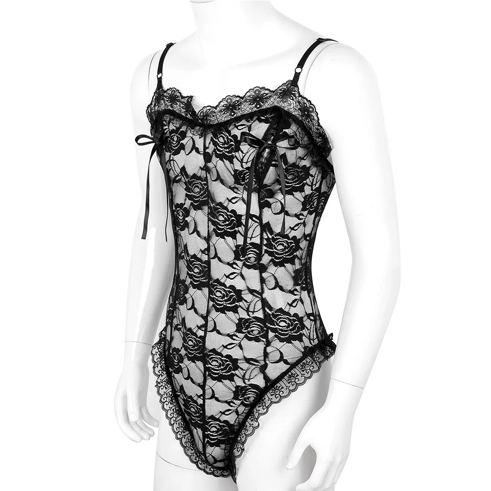 Body de encaje Floral para hombre, lencería transparente, medias eróticas, ropa de dormir Sexy, ropa interior Gay