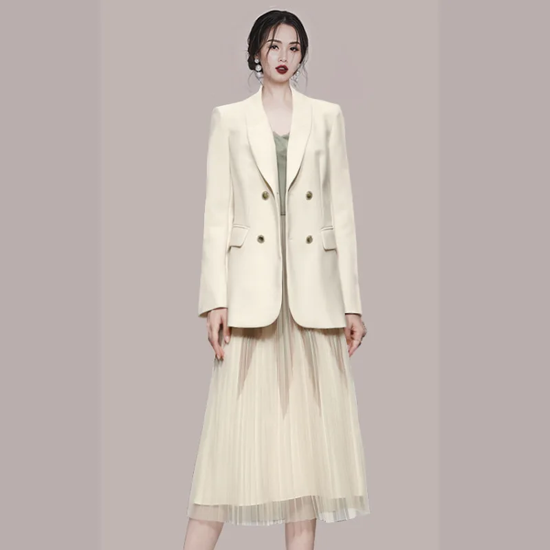 2021 Autumn Winter New Arrival Fashion High End Women's Suit Jacket Coat + Sleeveless Patchwork Mesh Midi Dress Two Piece Sets