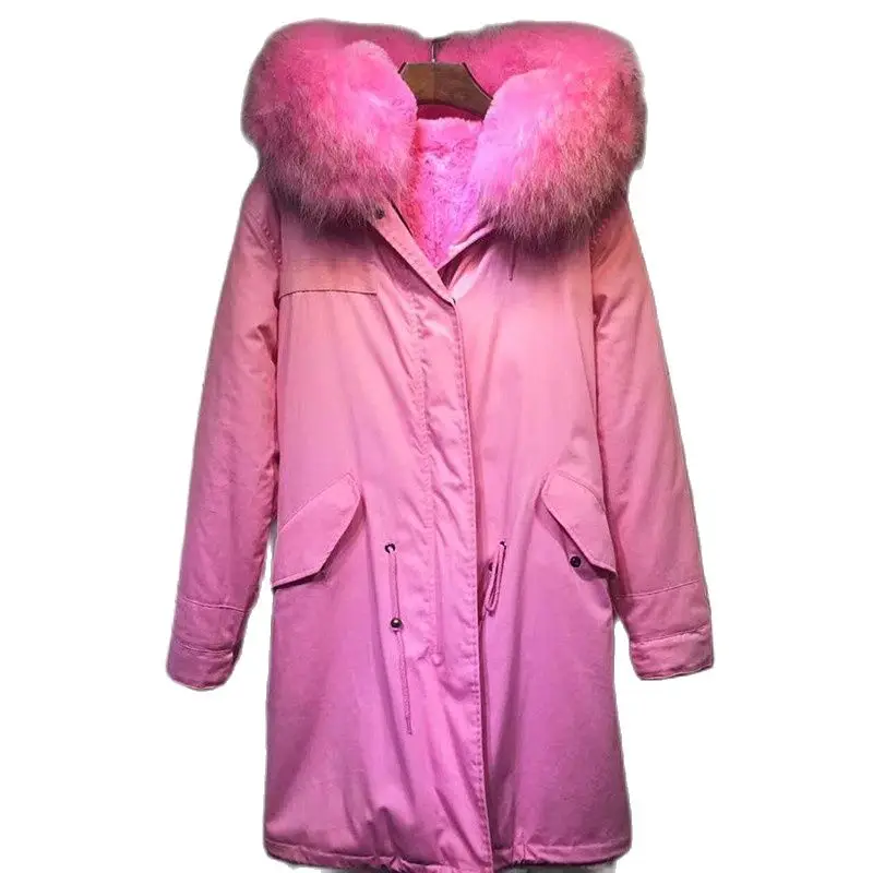 Beautiful Pink Parka For Lady Top Quality Faux Fur Lining Coat Real Raccoon Fur Collar With Hoodies Can Change The Color