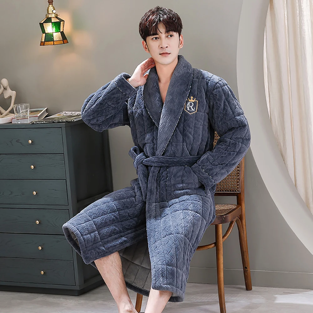 Winter Men\'s Bathrobe Terry Robe 3-layer Flannel Super Thick Warm Dressing Gown Luxury Solid Plaid Long Robe For Man Towel Towel