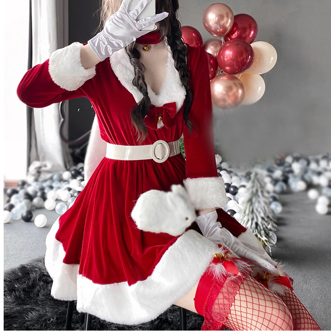 Costume Cosplay de noël pour femmes, robe rouge à manches longues, Lingerie Sexy d'hiver, uniforme lapin de demoiselle d'honneur, 2021