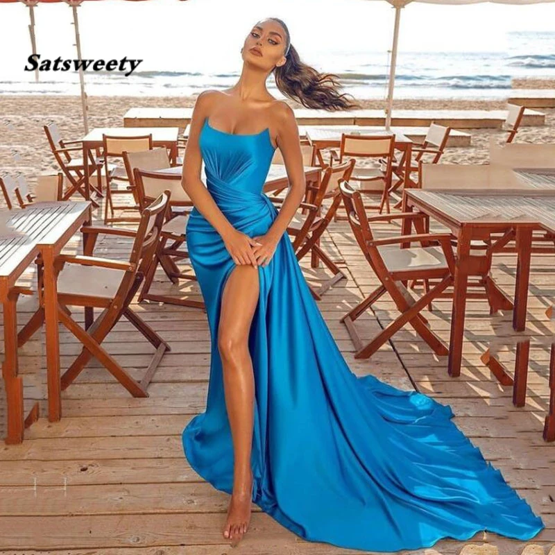 เซ็กซี่สีฟ้าชุดราตรีชุด Mermaid ยาวด้านข้างแยกพรหมชุดใหม่มาถึงชุดชื่อเสียงดูไบ Party Gowns