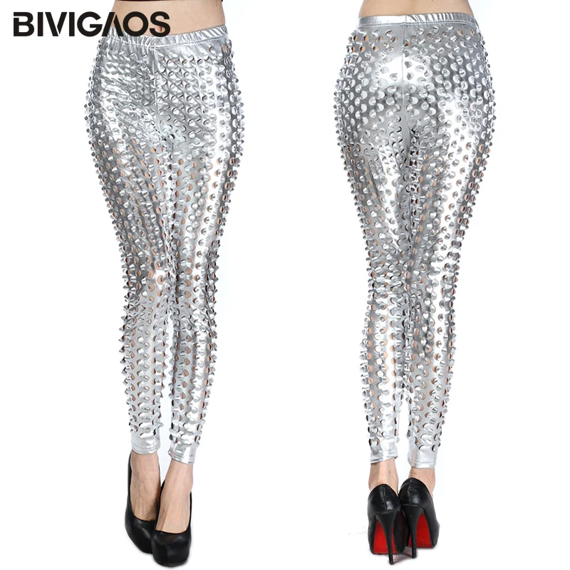 BIVIGAOS kobiety Sexy legginsy Rock Style metalowe otwory jasne Faux skórzane legginsy rybie łuski legginsy gotyckie legginsy damskie