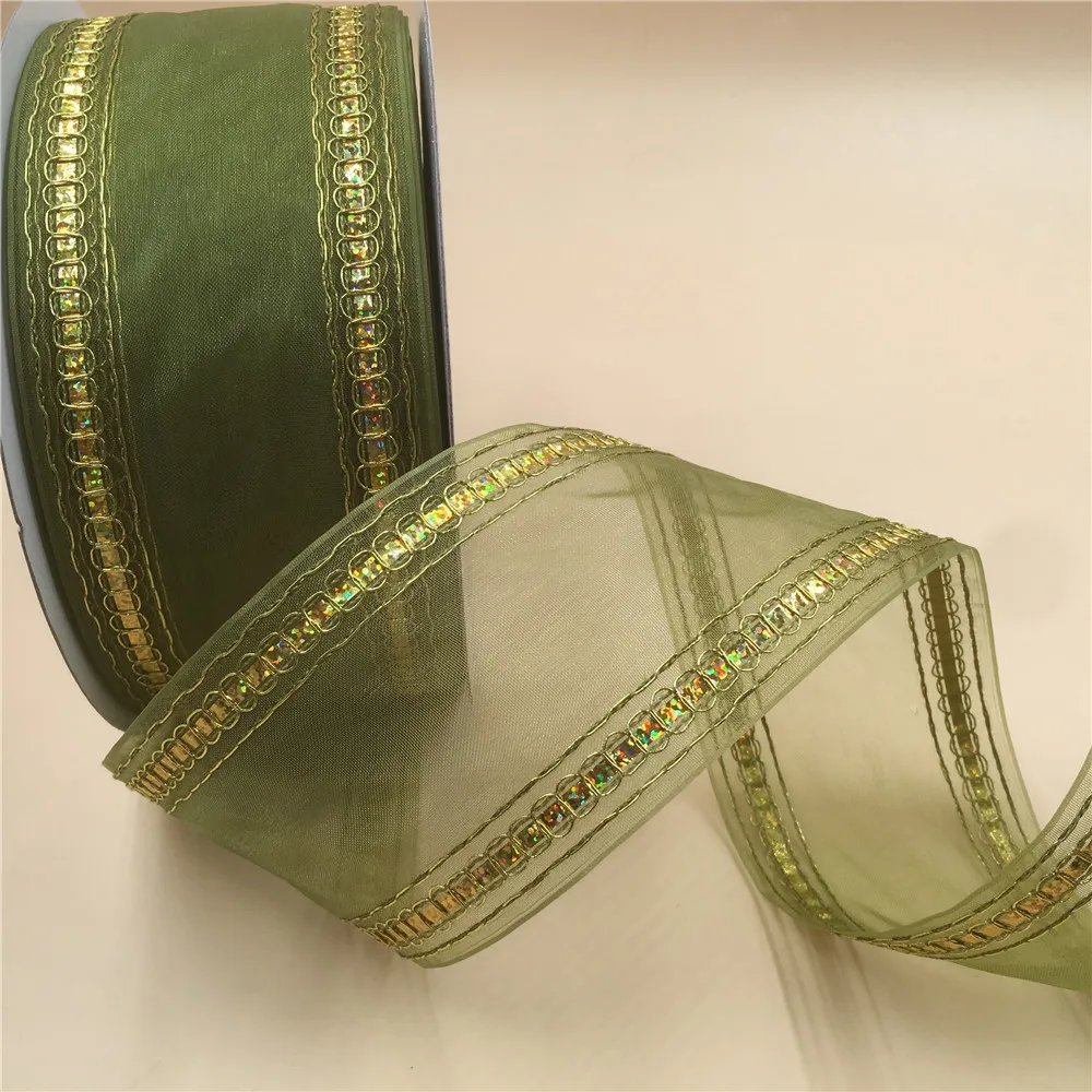 

63MM X 25 Yards Moss Green Organza Stripes WIth Gold Wire Edge Ribbon for Birthday Decoration Gift Wrapping 1-1/2"