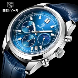 Watches Mens 2023 New BENYAR Casual Quartz Men's Watches Sports Chronograph Leather Waterproof Moon Phase Luminous Clock Relogio