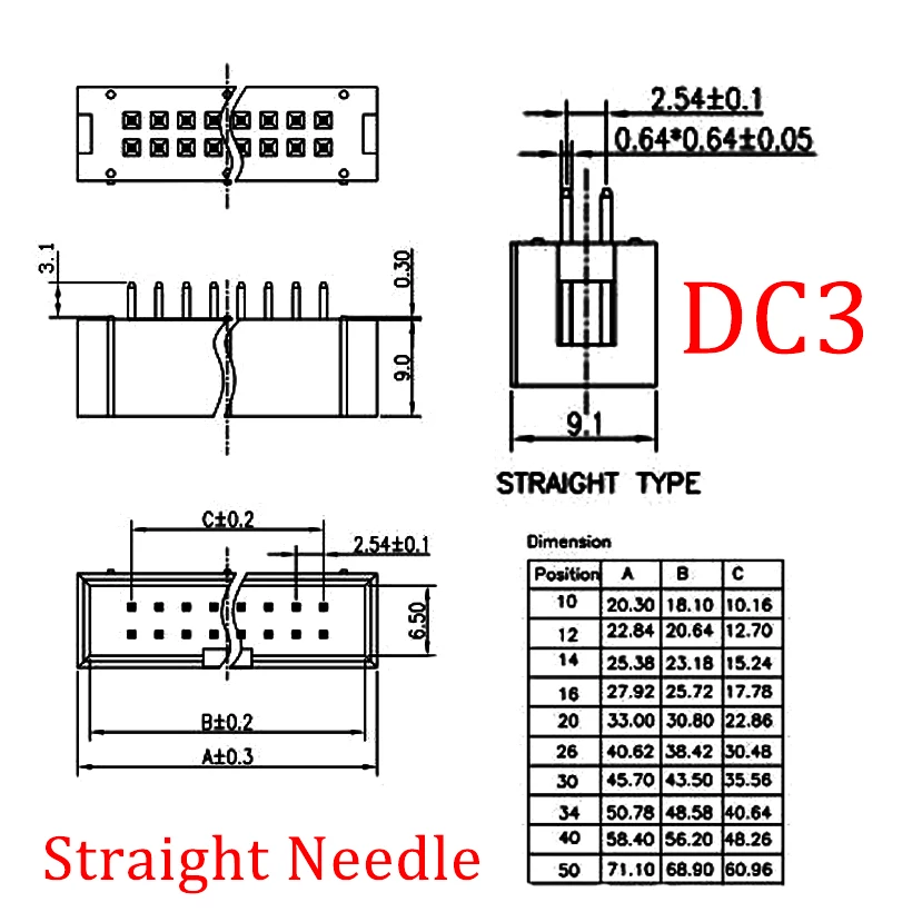 10Pcs IDC Box Header 6/8/10/12/14/16/18/20/24/26/30/34/40/50Pin Connector IDC Sockets 2.54mm Pitch Dual Row Straight DC3 Sockets
