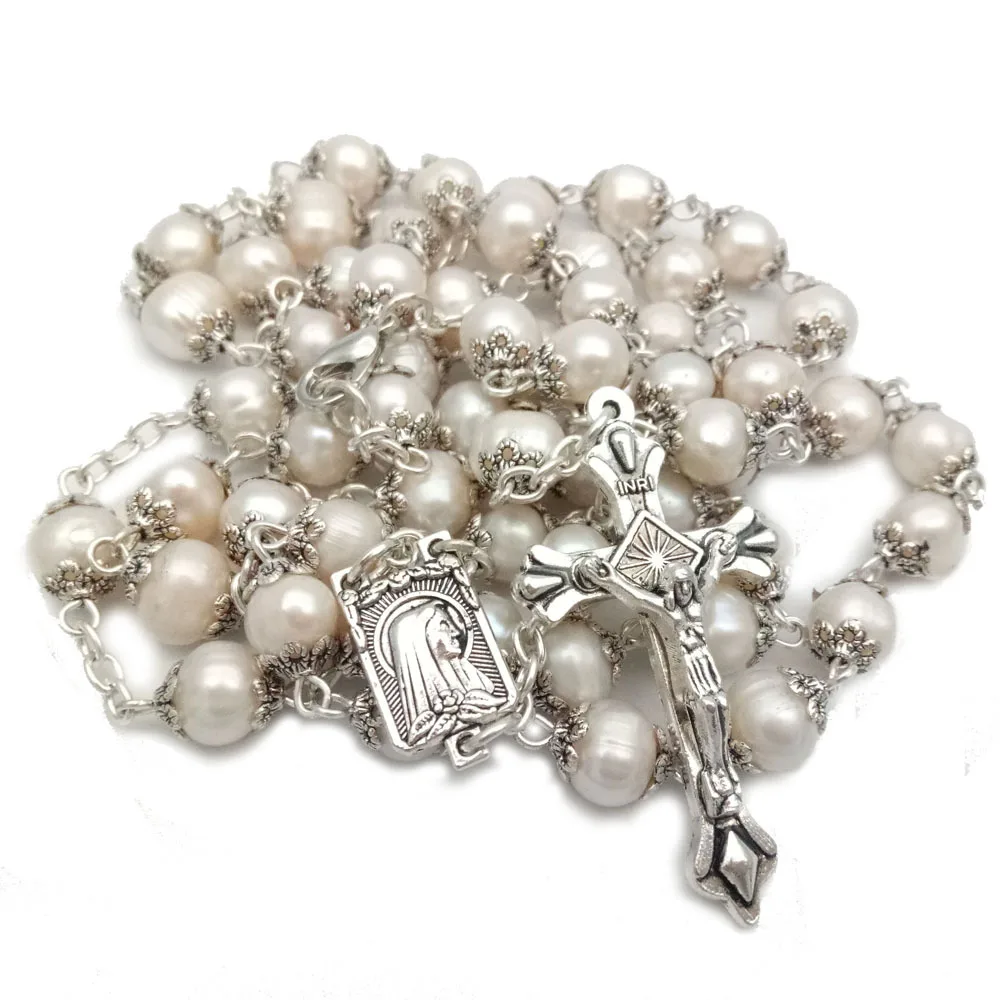 Hot Sale Natural Freshwater Pearl Rosary Necklace High-end Cross Christian Catholic Jewelry