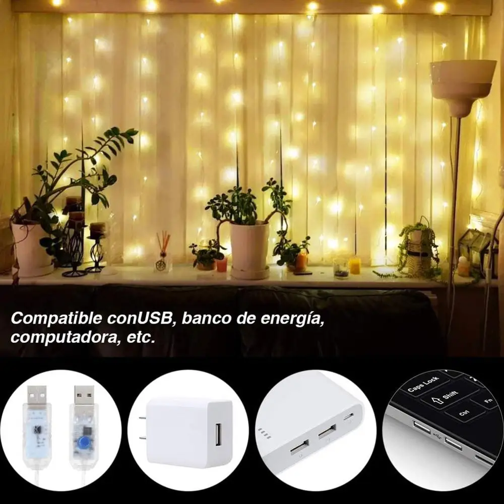Guirnalda de cortina LED con Control remoto, luz de cortina de festón de hadas USB, decoraciones navideñas para el hogar, 3x3m