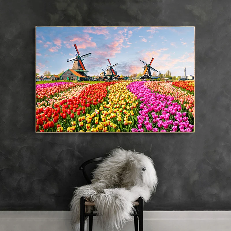 Modern Art Tulip Flowers of Netherlands Windmill Landscape Poster Canvas Painting Poster and Prints Wall Art for Living Room