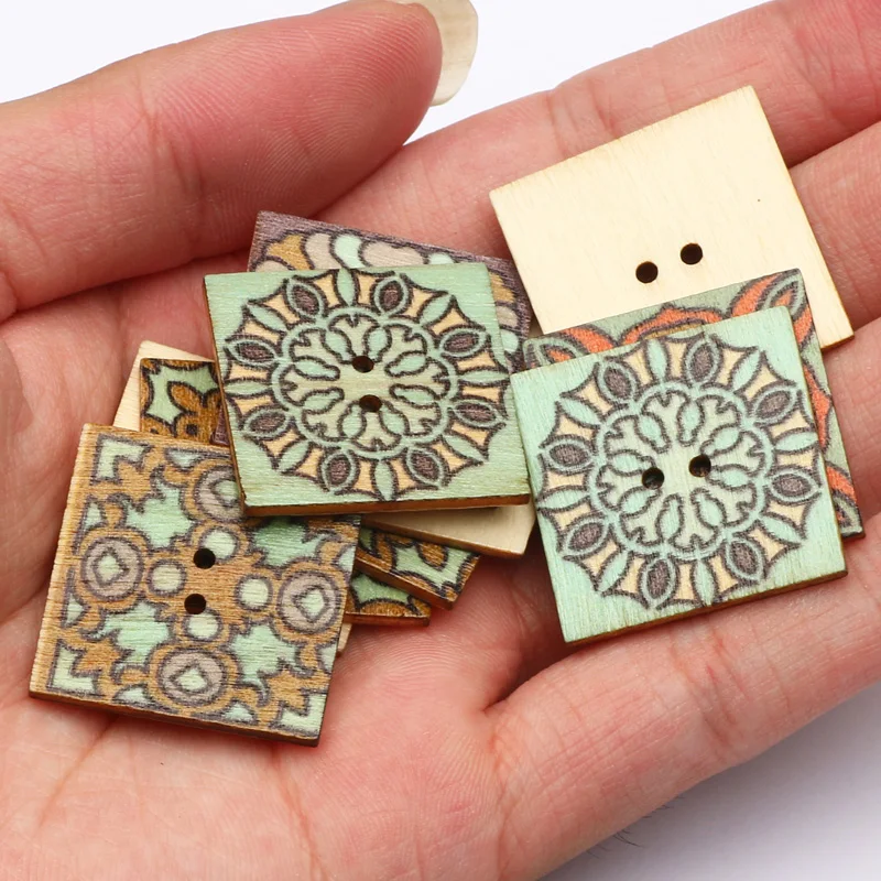 50pcs 25mm Mixed Vintage Pattern Wooden Buttons Square 2 Hole Sewing Button for Kid\'s Clothing Scrapbooking DIY Craft Decoration