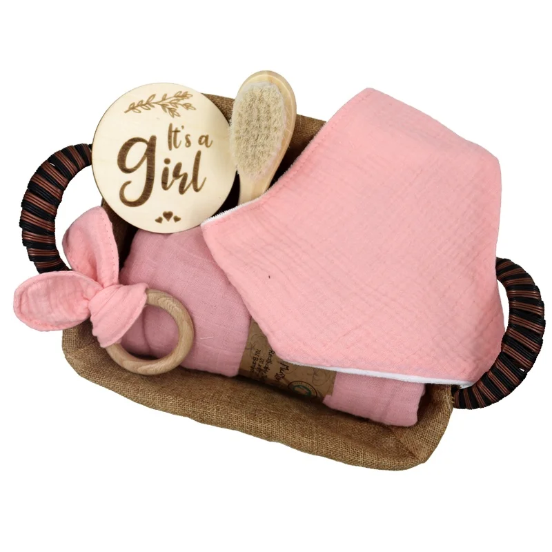 100% Organic Cotton baby bath brush set toy bunny teether rattle milestone new born Gift Sets With Gift Box