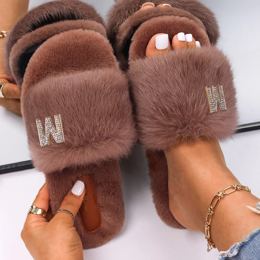 Fluffy Fur Women Slippers Alloy Hollow Bowknot Decor Female Cotton Flats Slides Comfortable Indoor Footwear Soft Flip Flops