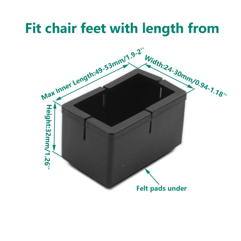 16Pack Chair Leg Floor Protectors Chair Leg Caps Length(49-53mm) Width(24-30mm) Table Chair Feet Protectors with Felt Pads Black