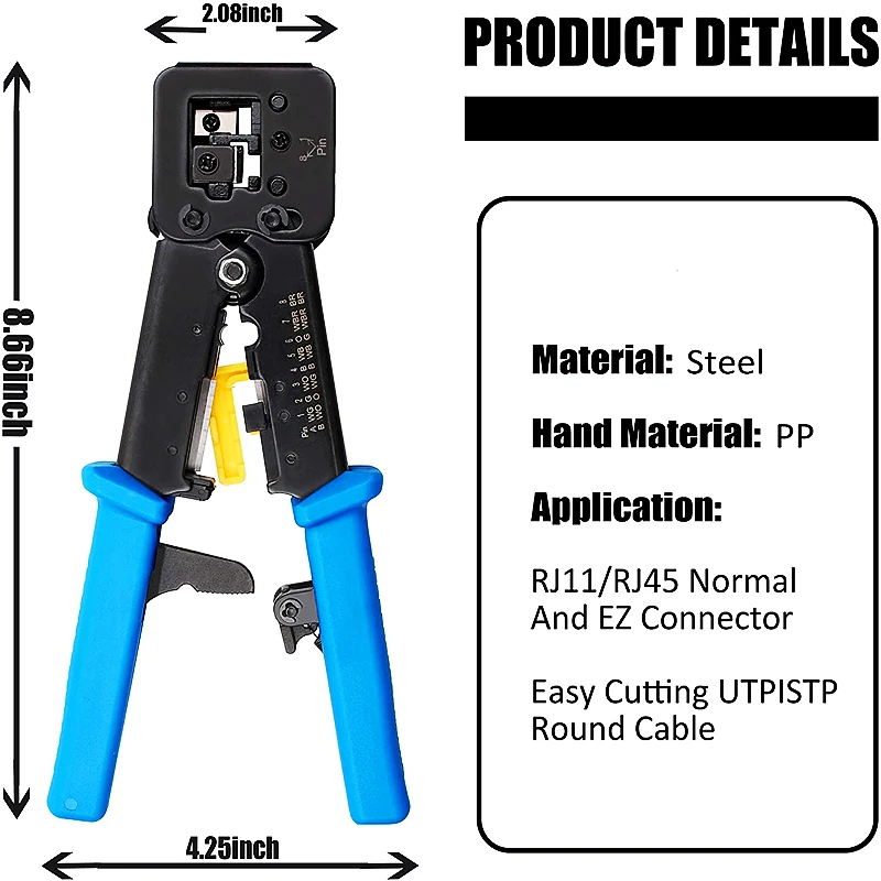 HTOC RJ45 Crimp Tool Pass Through Cat5 Cat5e Cat6 Crimping Tool For RJ45/RJ11 Regular And End-Pass-Through Connectors