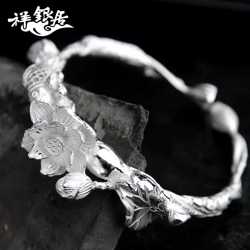 ★fine silver gift design 999 sterling silver hand fish stereoscopic lotus lotus fine silver bracelet sent his girlfriend