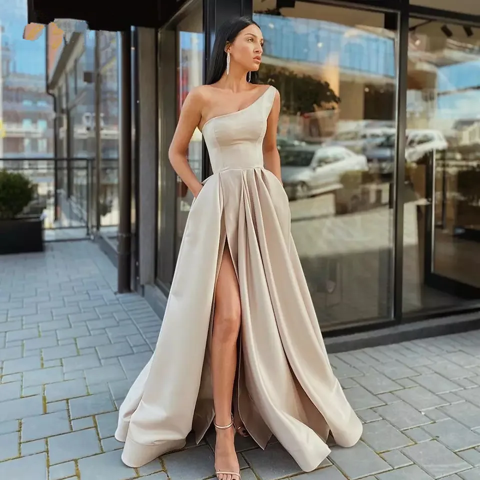 Simple Satin Evening Dresses Long One Shoulder High Split Party Dress Elegant Ruched Robe de soiree 2021