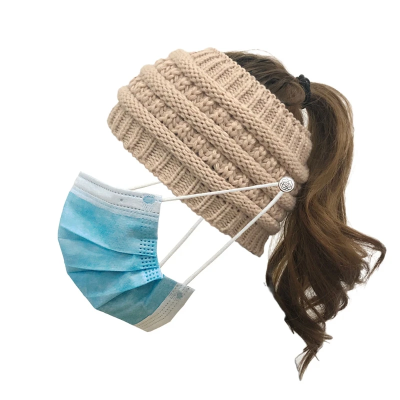 Women Winter Crochet Knit Headband with Removable Buttons Messy Bun Ponytail Wide Headwrap Solid Color Turban Ear Warmer