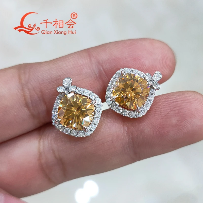 s925 silver earrings 8mm champagne yellow  color cushion shape little flower white D moissanite Earring Studs Jewelry For Women