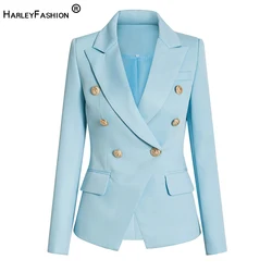 HarleyFashion New Candy Color Light Blue High Street Quality Stylish Double Breasted Women Slim Blazer