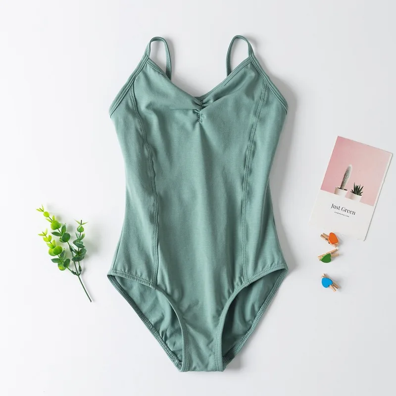 Leotardo camisola con tirantes para niña, vestido de tutú de baile de Ballet Gimnástico, falda de leotardo de espalda baja, Ropa de baile básica de algodón, verde oscuro