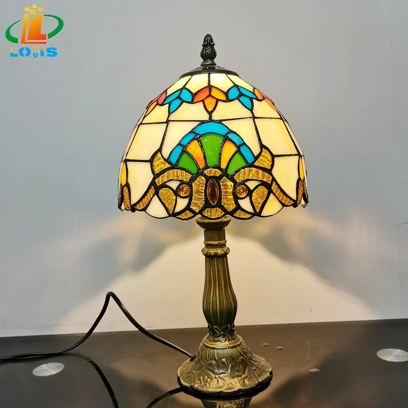 

8 Inch European Baroque Table Lamp Tiffany Lighting Bedroom Bedside Antique Glass Metal Base E27 Cafe Study Decoration