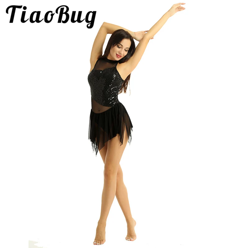 TiaoBug Women Performance Dance Costume Halter Shiny Sequin Mesh Splice Irregular Ballet Gymnastics Leotard Figure Skating Dress