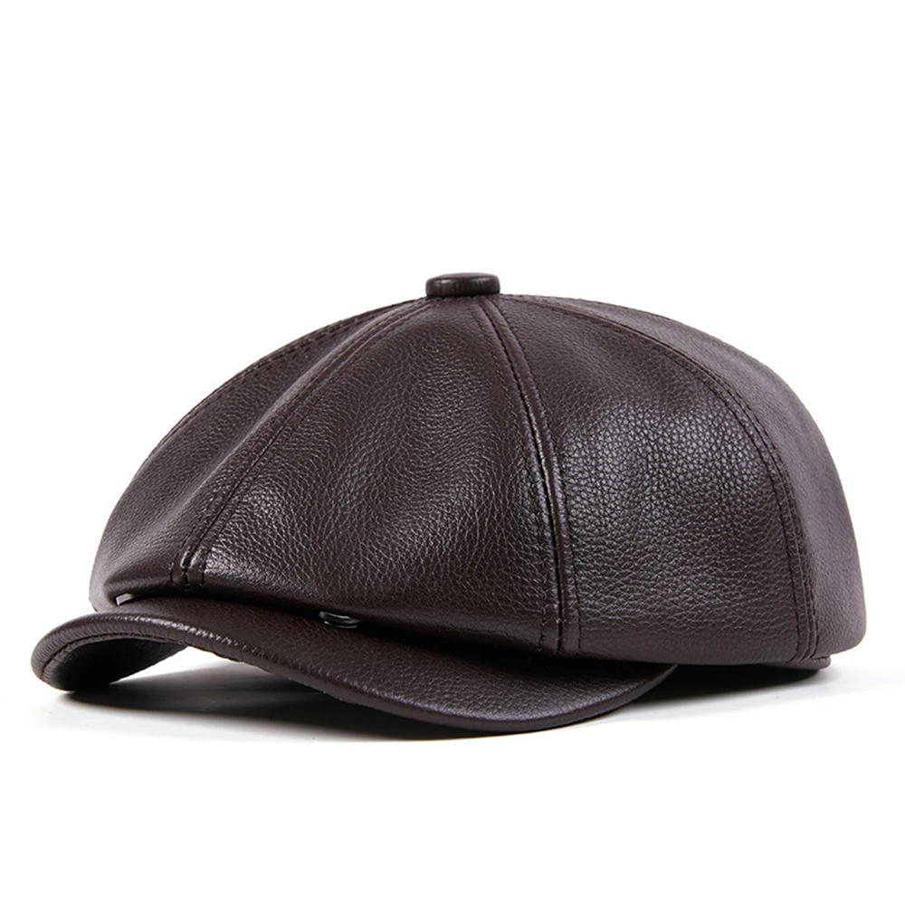 LA SPEZIA Genuine Leather Newsboy Cap Men High Quality Octagonal Hat Autumn Winter Beret Real Cowskin Flat Cap