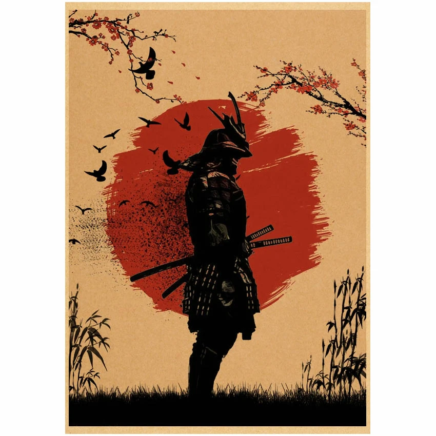 Japanese Samurai Posters Kawaii Kraft Paper Vintage Cartoon Wall Stickers Hoom Art Print Living Room Bar Cafe Decoration