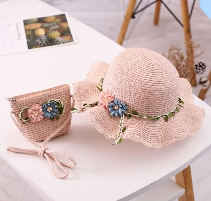 Children straw hat + shoulder bag Tote bags Summer kids girl baby 2pcs a set cute floral sun hat bucket hat Gorros