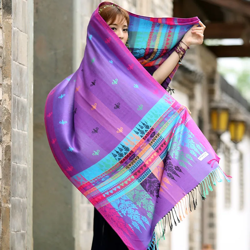 

New Four Seasons Pure Cotton Bohemian Ladies Scarf Air Conditioning Shawl Ethnic Scarf Colorful Cloud Striped Women Foulard