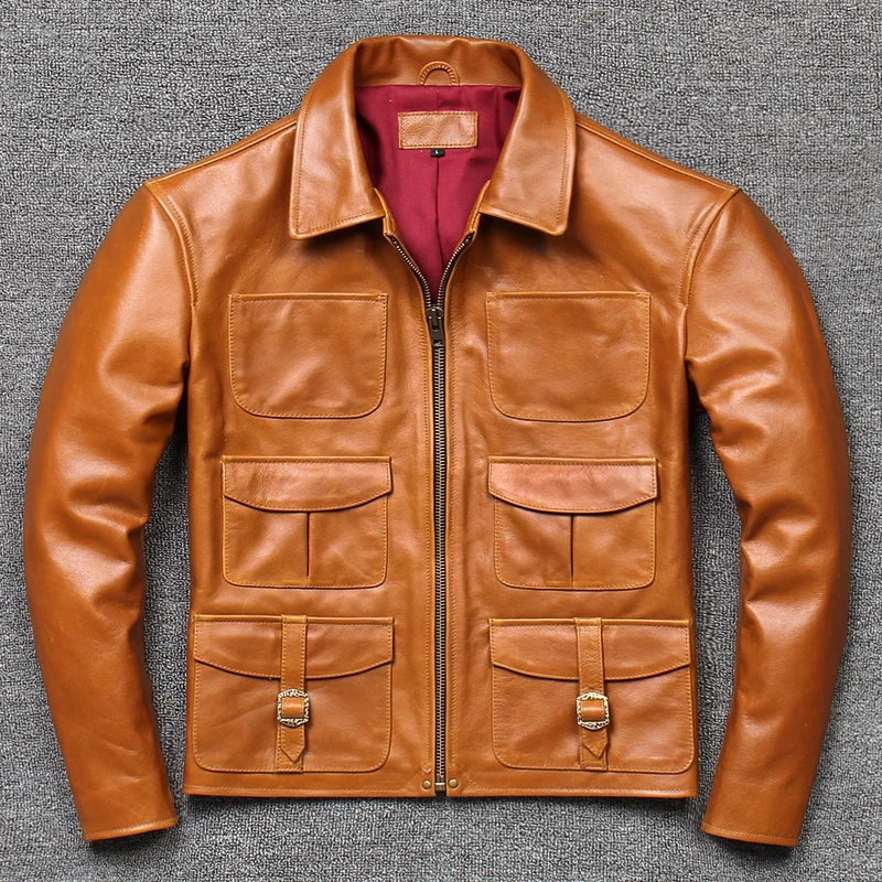 

Fast shipping,men's Oil wax cowhide leather jacket top quality calf leather spring autumn large size retro trip warm coat